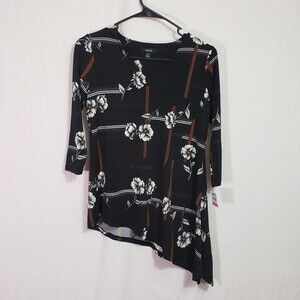 Alfani Petite Assymetrical Top Black Network Floral (AJ)